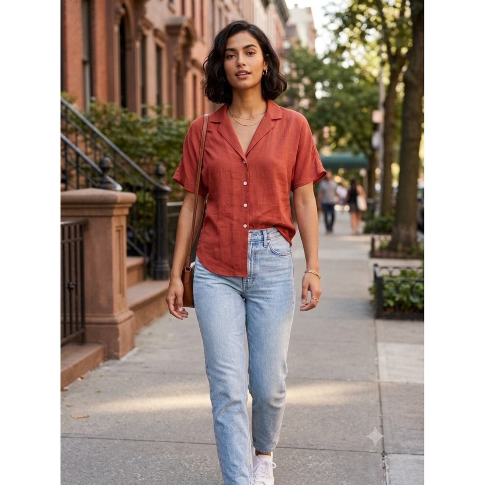 Banana Republic Womens XXS Rust Red Short Sleeve Camp Collar Button Down Shirt